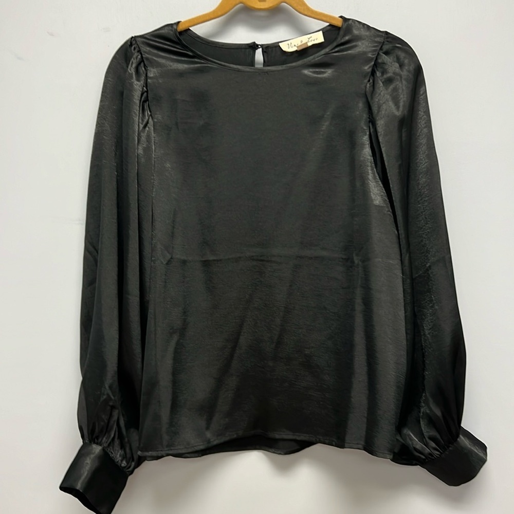 Vine & Love Black Satin Blouse | Puff Sleeve Top | Size Small